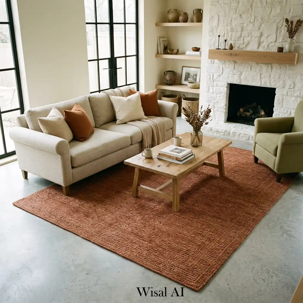 Living room with terracotta rug and neutral modern furniture