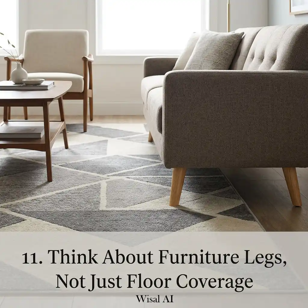 Living room furniture positioned correctly with front legs resting on the area rug.