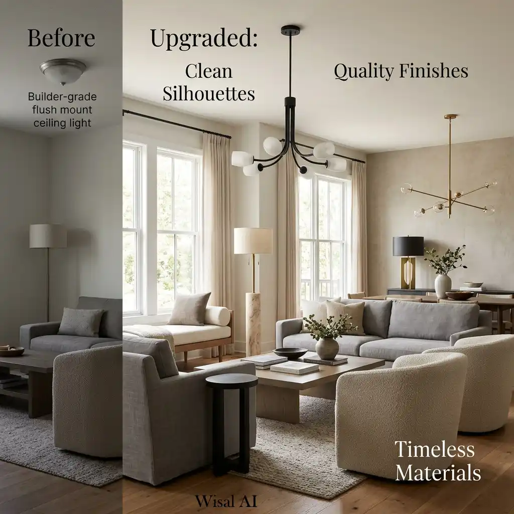 High-end living room featuring a sculptural pendant light and stylish designer lighting fixtures.