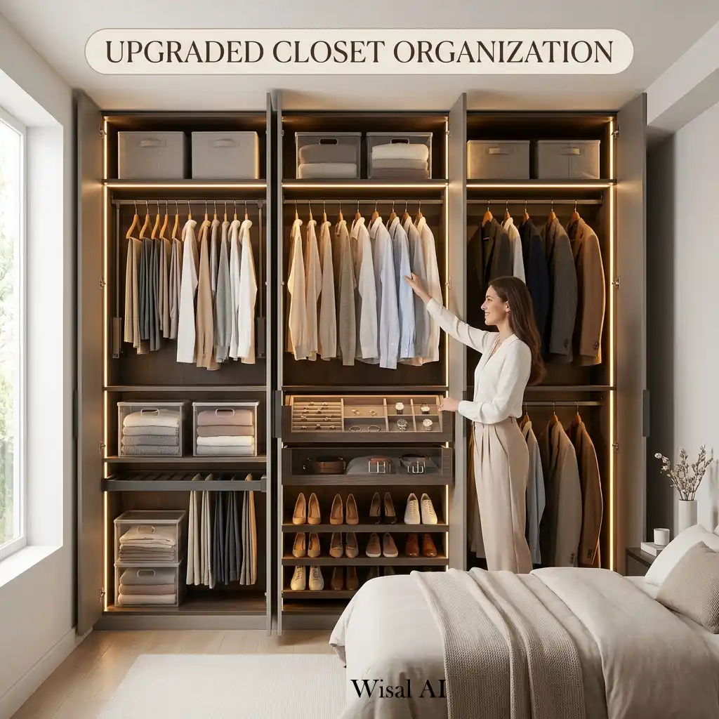 Organized custom closet with shelves, drawers, and hanging storage.