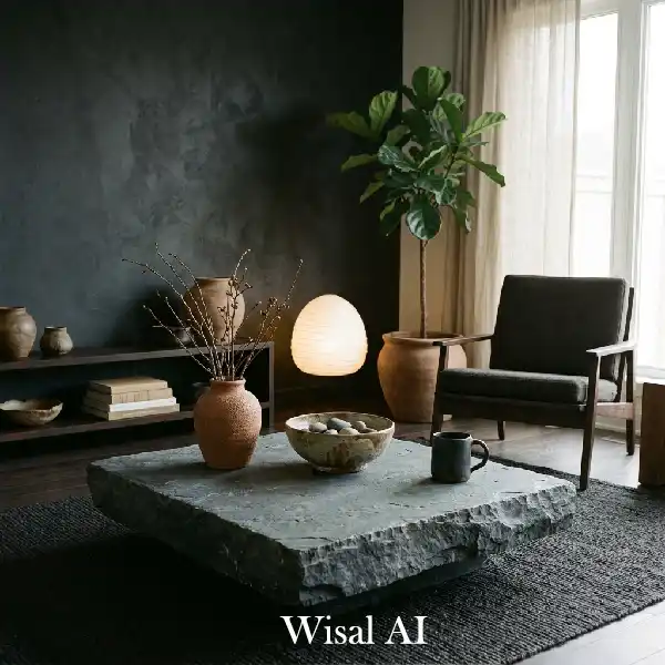 Dark minimalist interior with sculptural lighting design