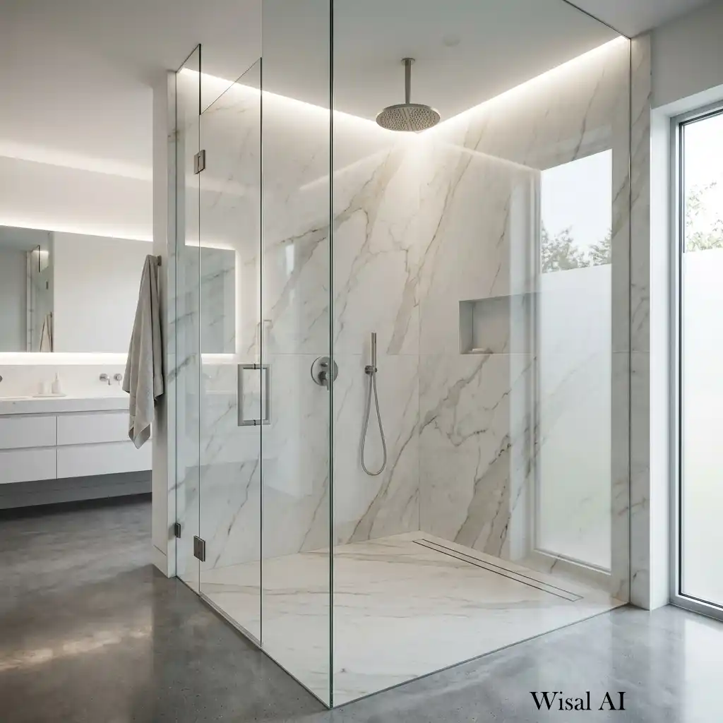 Walk-in shower finished with large-format marble-look porcelain slabs and recessed lighting.