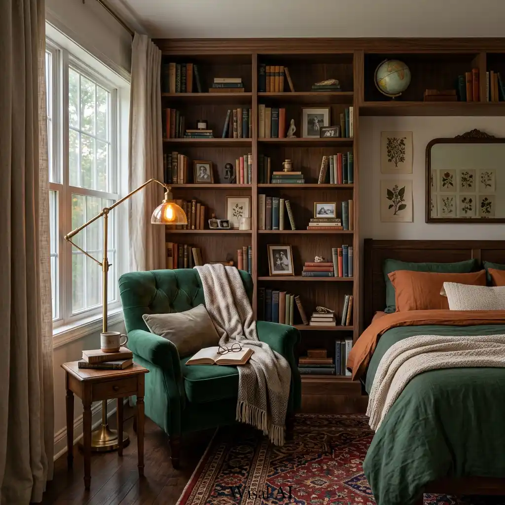 Walnut library inspired bedroom with velvet reading nook