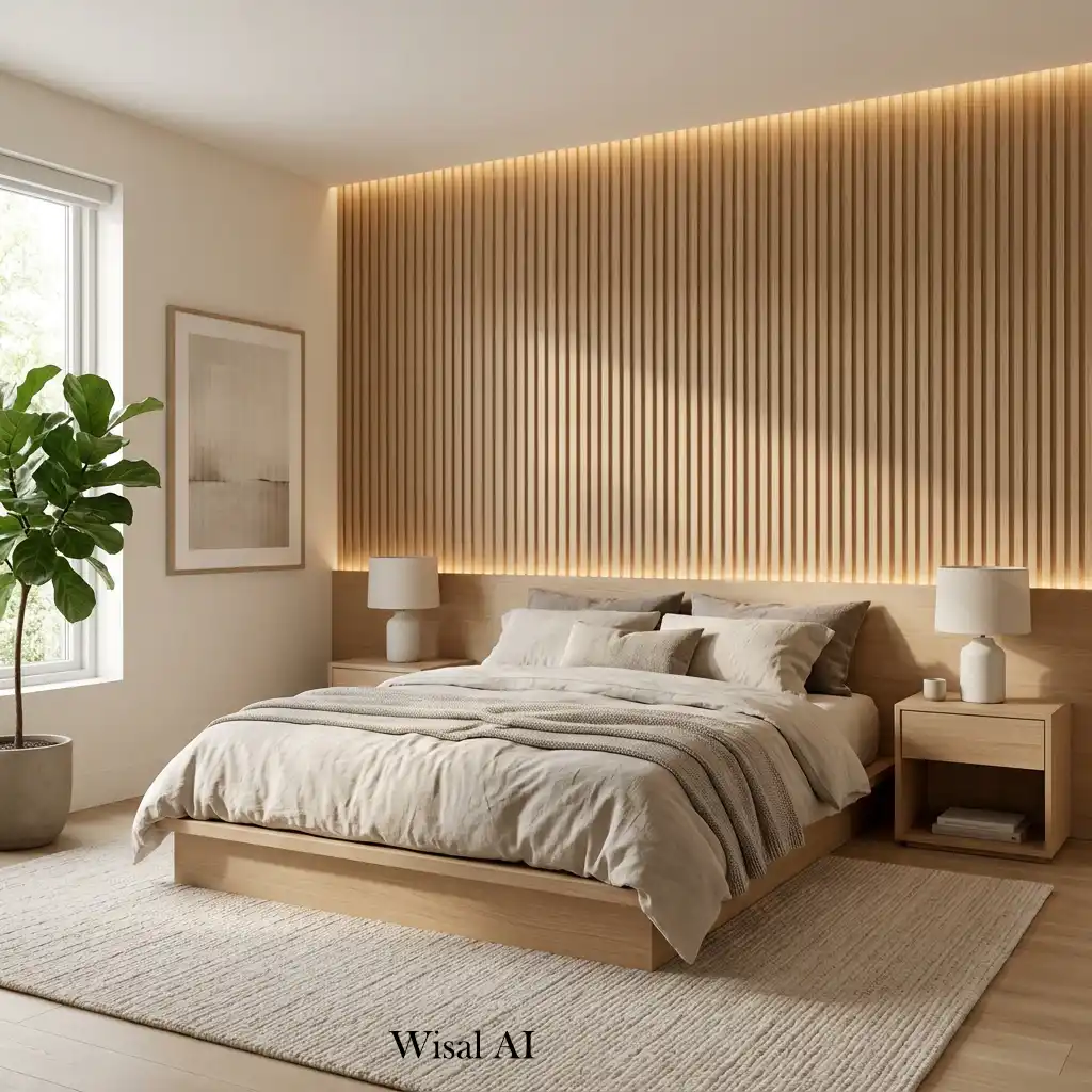 White oak fluted wall panels creating a luxury bedroom feature wall.