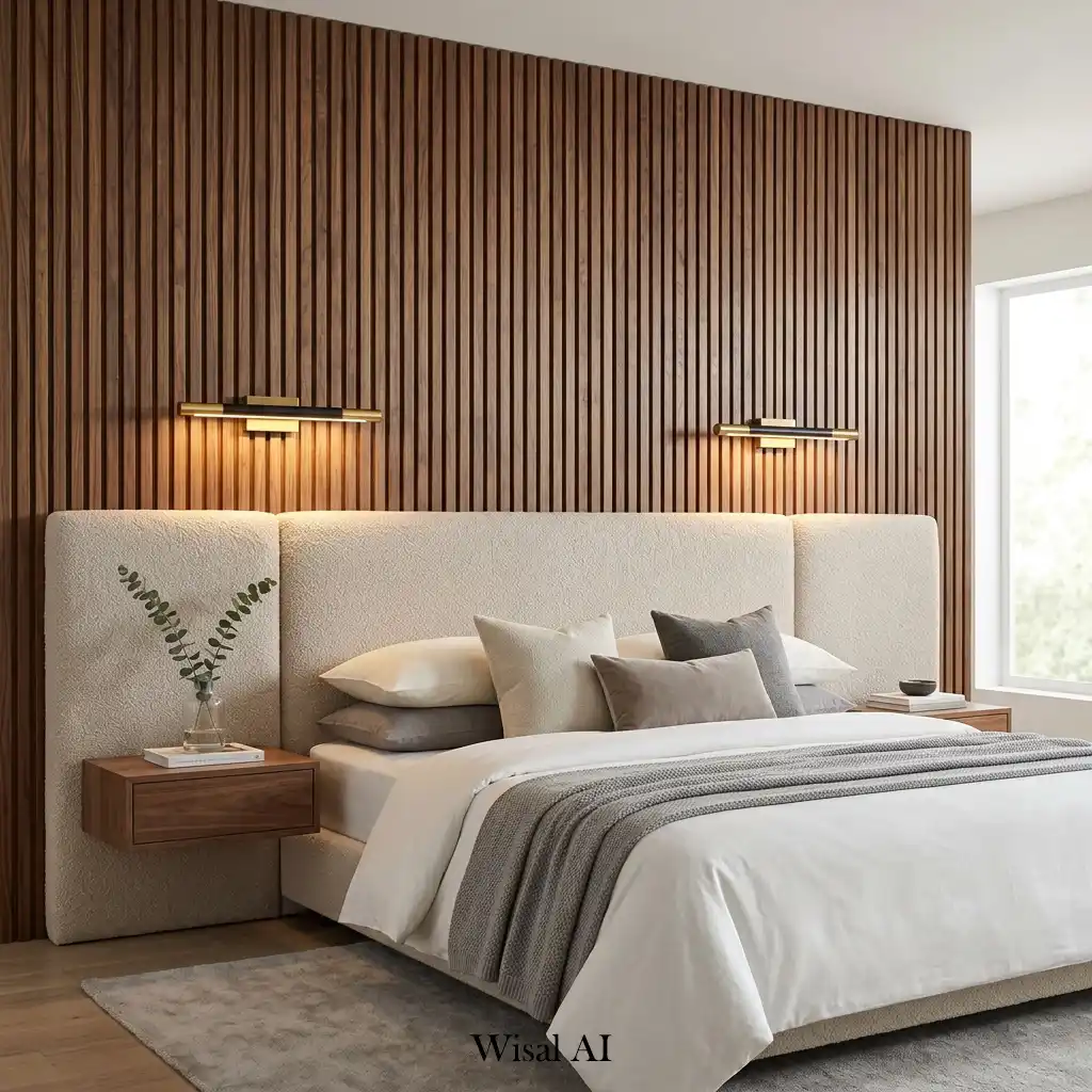 Wood slat accent wall paired with an oversized upholstered headboard.