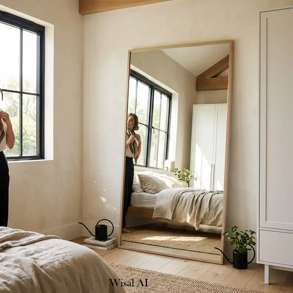 Large full-length mirror reflecting natural light in a contemporary bedroom.