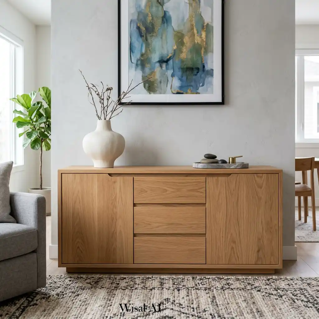 White oak sideboard with minimalist styling and decorative artwork.