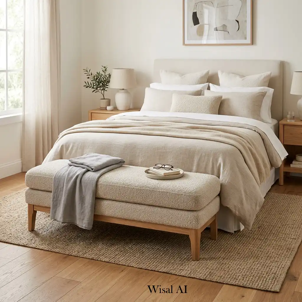 Upholstered bedroom bench positioned at the foot of a modern bed.