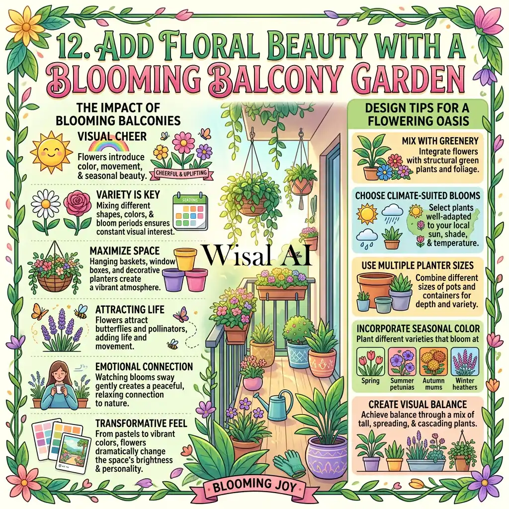 Blooming balcony garden filled with colorful flowers and plants