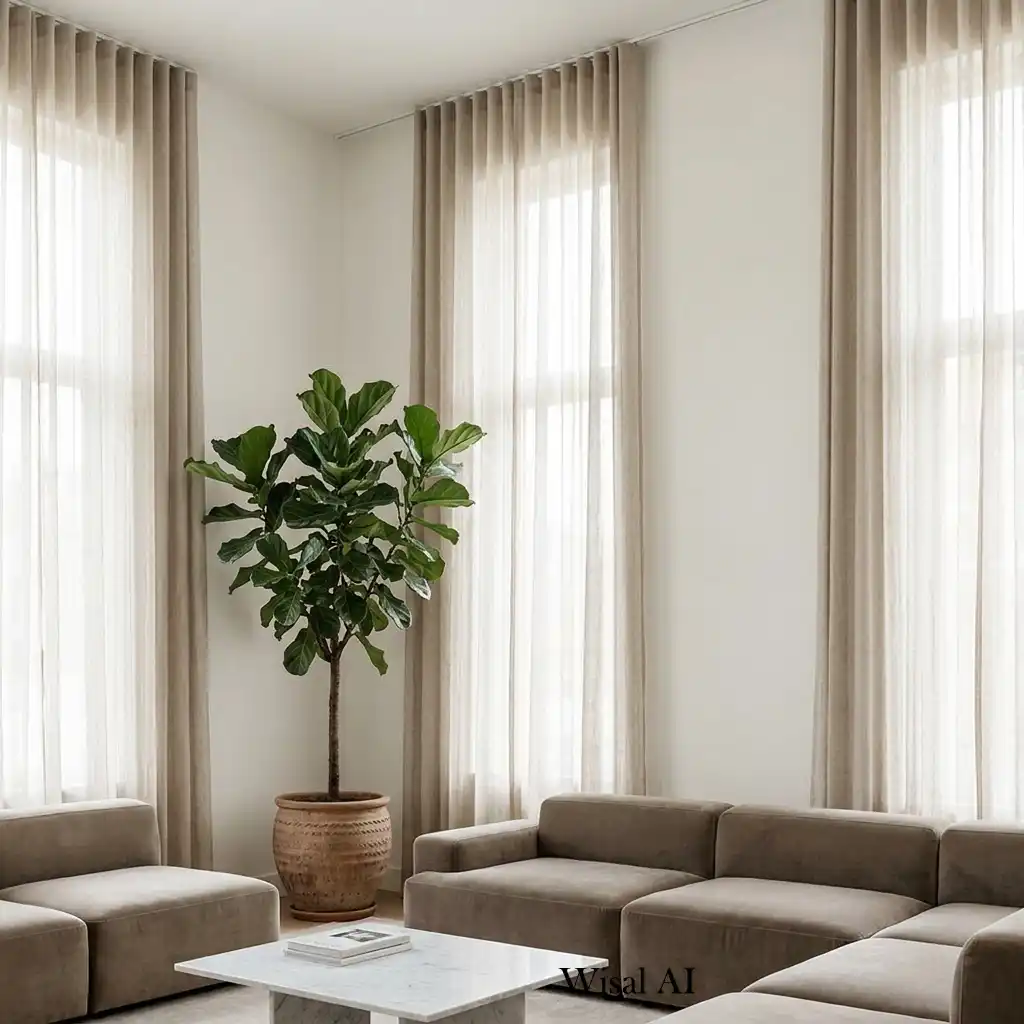 Living room with floor-to-ceiling curtains and tall bookshelves adding height.