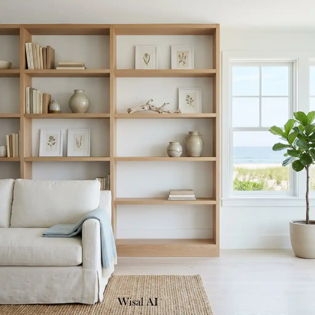 Airy living room with open shelving and curated coastal décor.