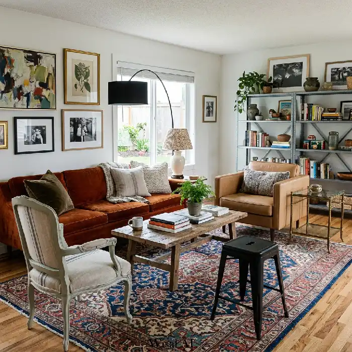 Sophisticated interior mixing antique cabinet with sleek modern furniture pieces