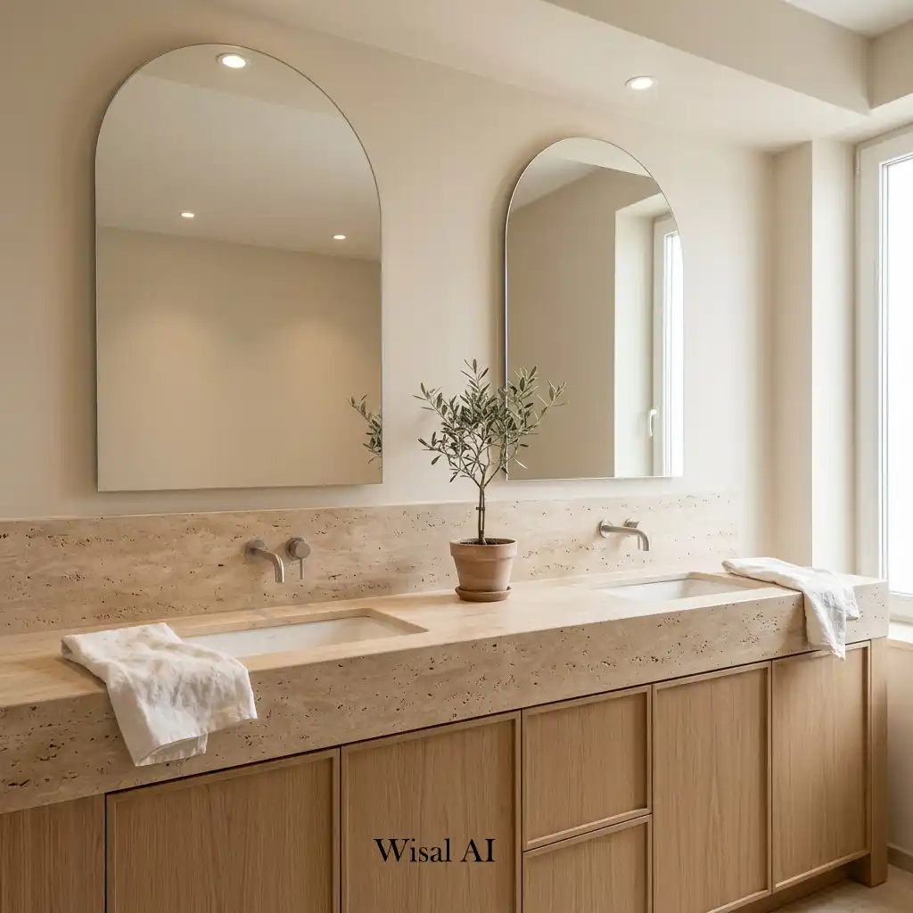 Travertine bathroom vanity paired with natural wood cabinets and spa-inspired décor.