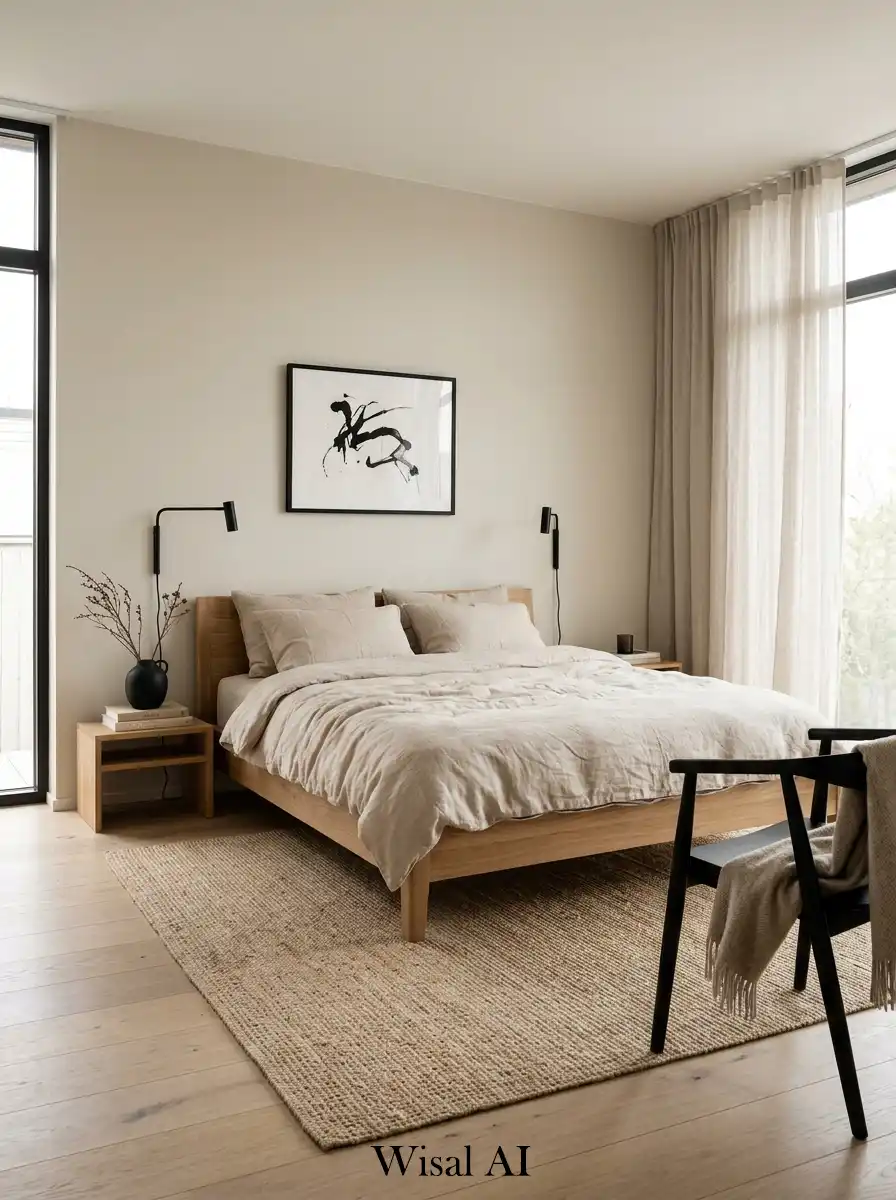 Japandi inspired bedroom with beige tones, black details, and natural minimalist aesthetic.