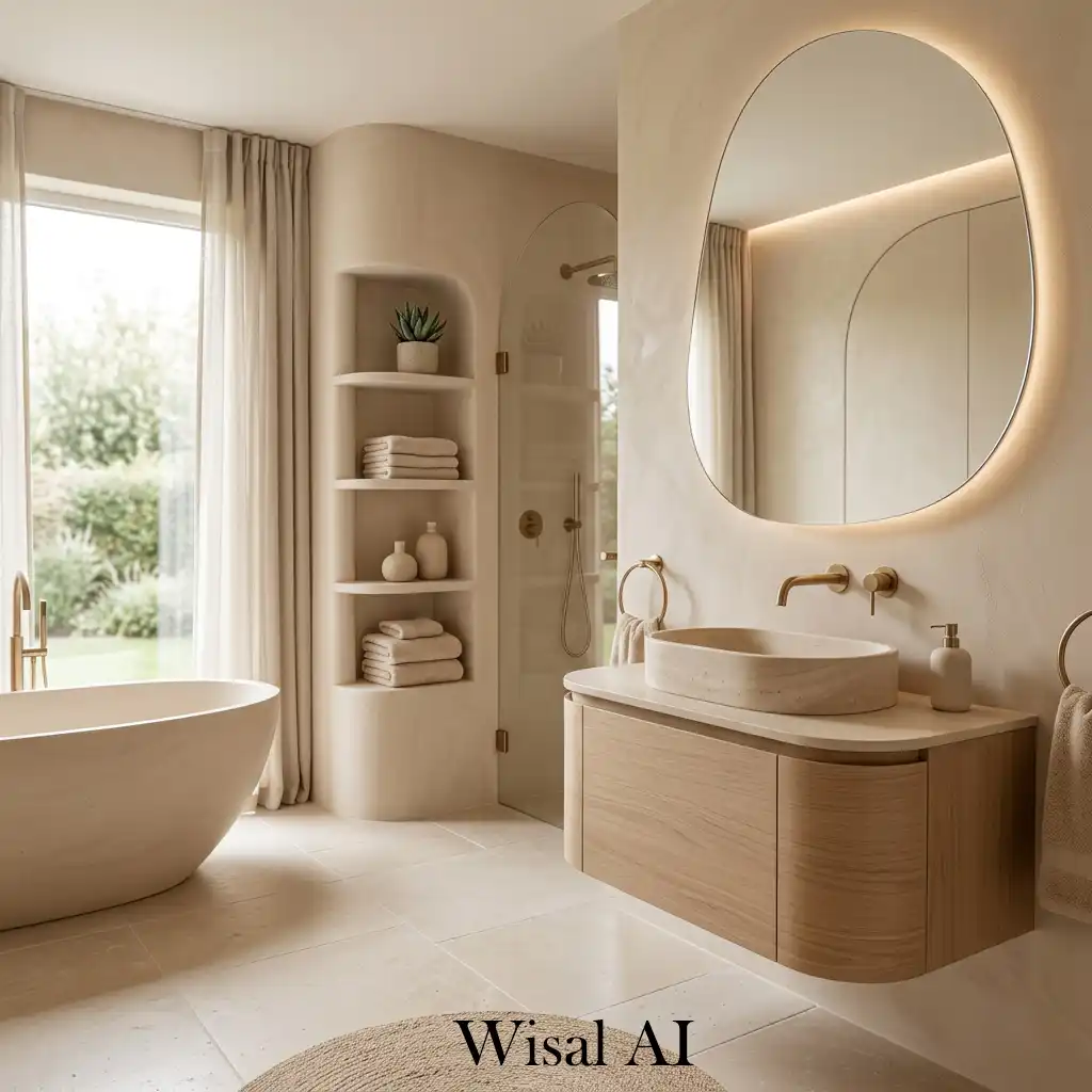 Beige bathroom with soft curved modern interior elements