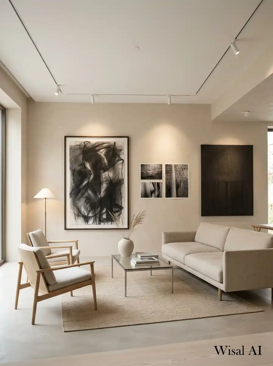 Modern living room with charcoal coffee table beige seating and soft warm minimalist interior style.