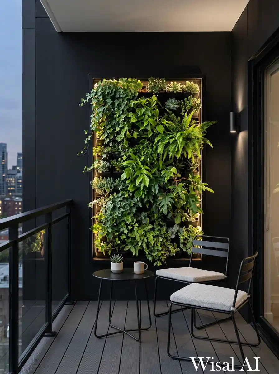 Modern balcony featuring black structure combined with a lush vertical green wall for natural contrast.