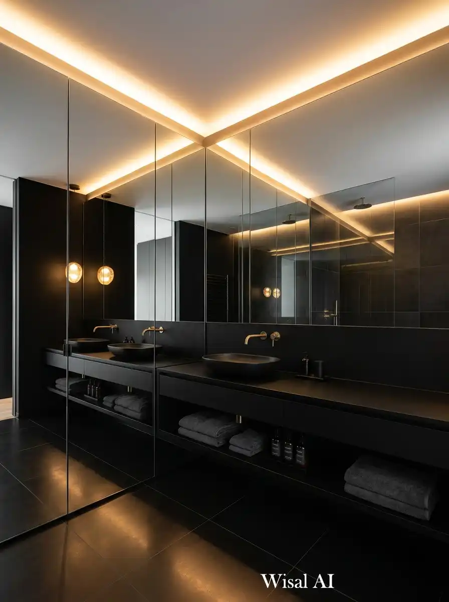 Luxury black bathroom featuring full mirror wall creating depth and modern elegance.