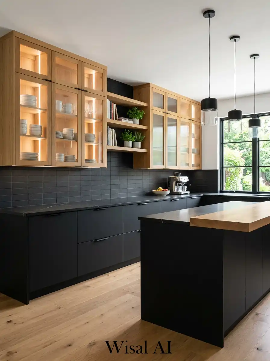 Luxury kitchen design with black cabinets glass doors wooden frames and modern elegant aesthetic.