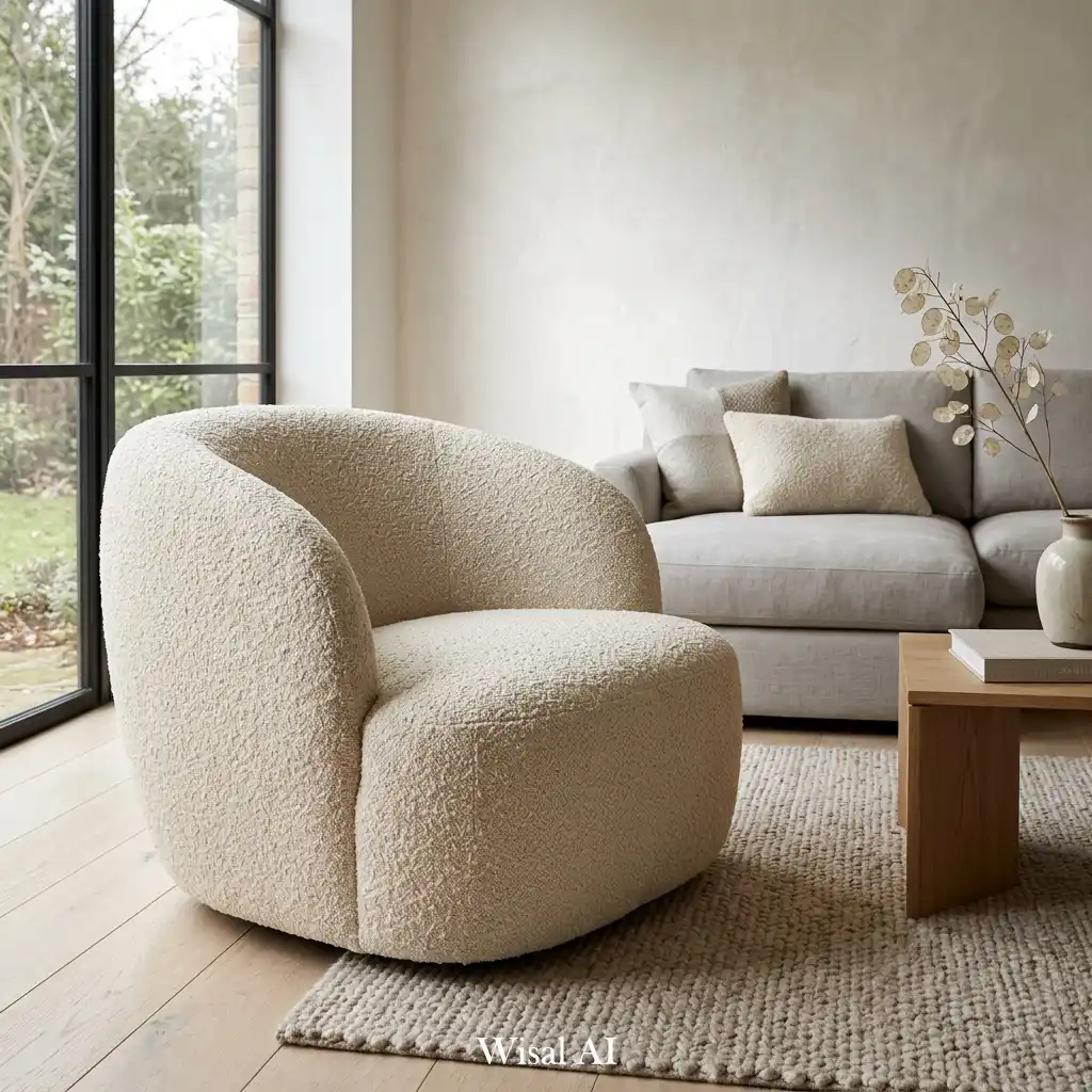 Cozy living room featuring bouclé sofa and soft textured fabric materials