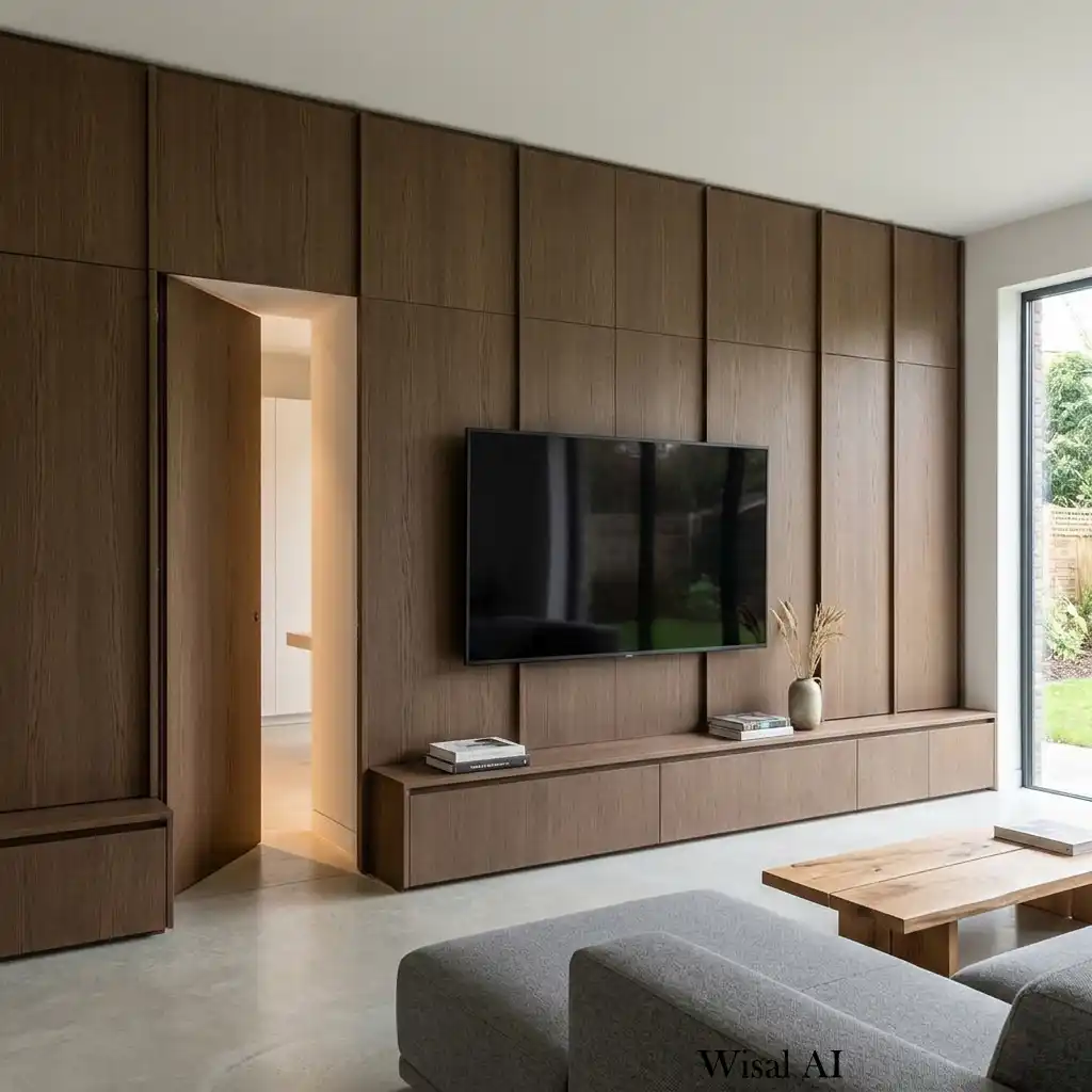 Custom TV wall with hidden doors seamlessly integrated into the cabinetry.