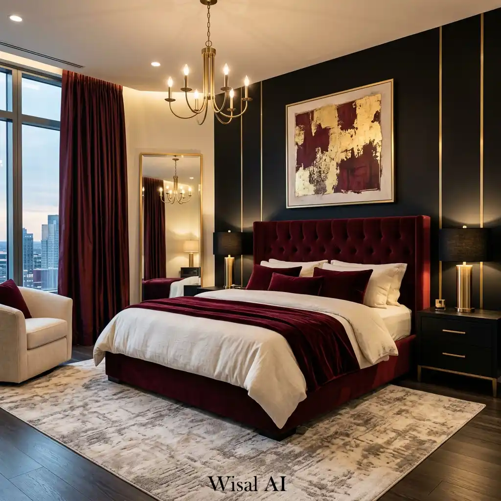 Modern luxury burgundy and black bedroom with dramatic mood lighting