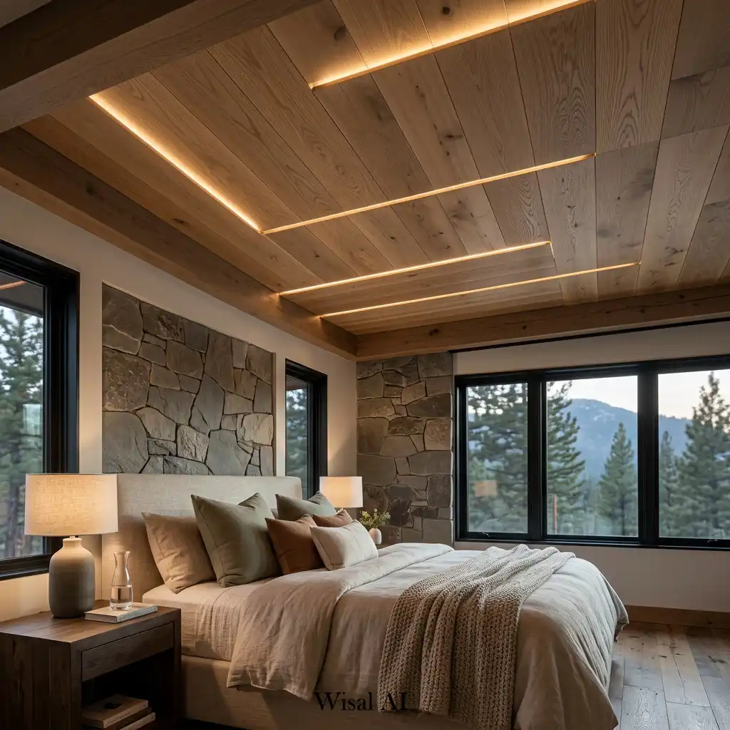 Luxury bedroom showcasing a natural oak panel ceiling with warm ambient lighting.