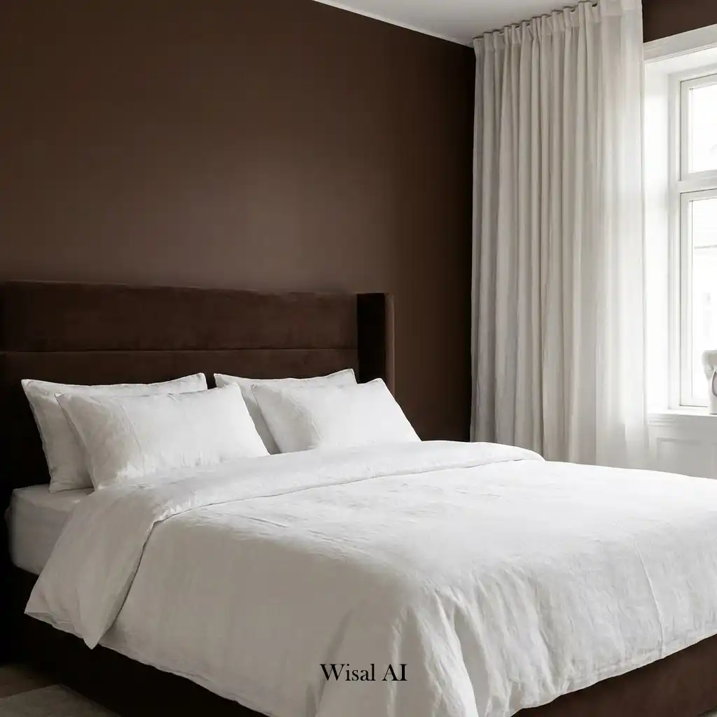 Elegant bedroom featuring chocolate brown furniture with linen white bedding and walls.