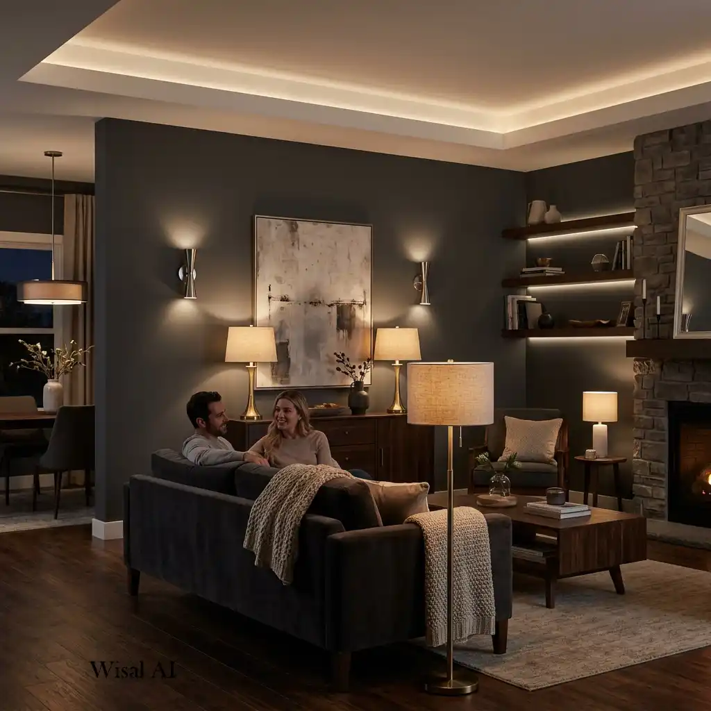 Luxury living room with layered lighting and warm ambient lamps.
