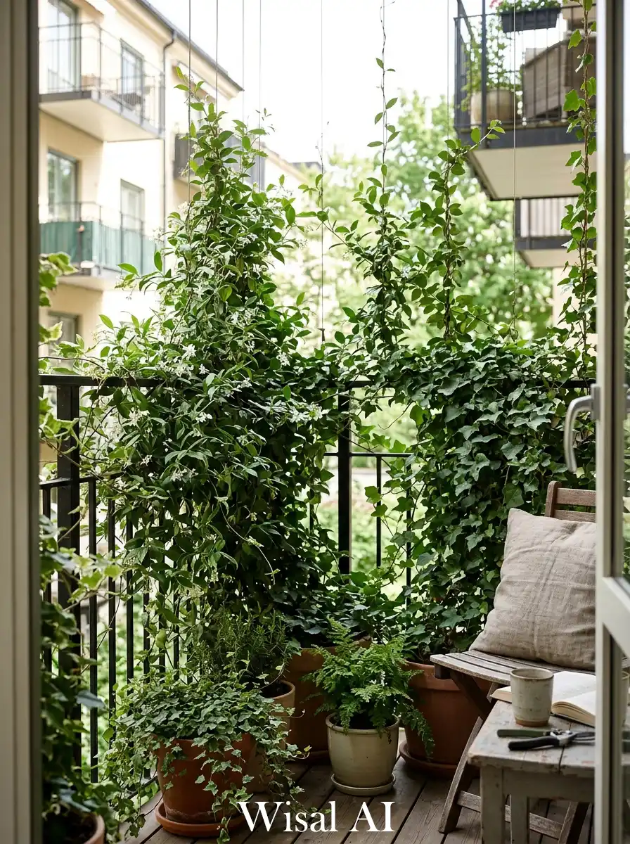 Climbing plants growing along balcony railings naturally