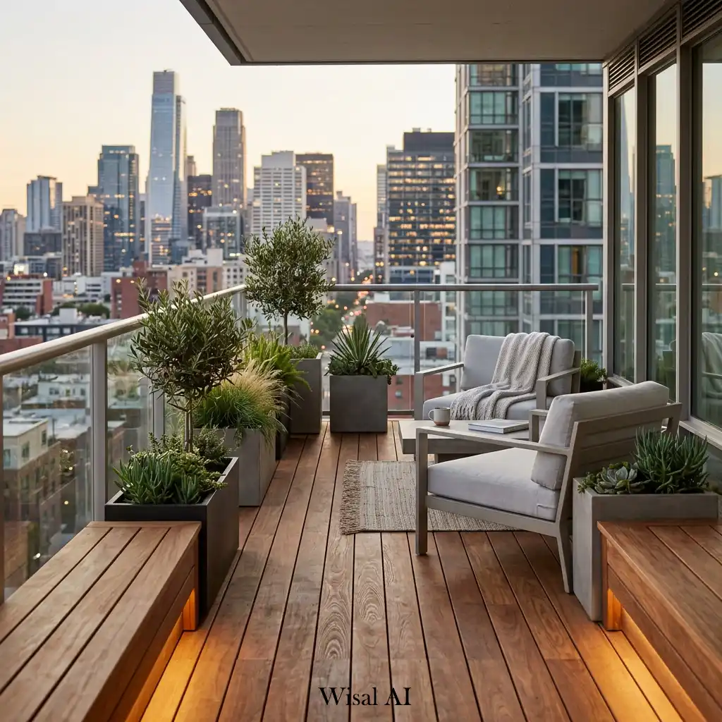 Modern balcony featuring warm wood decking and stunning city scenery