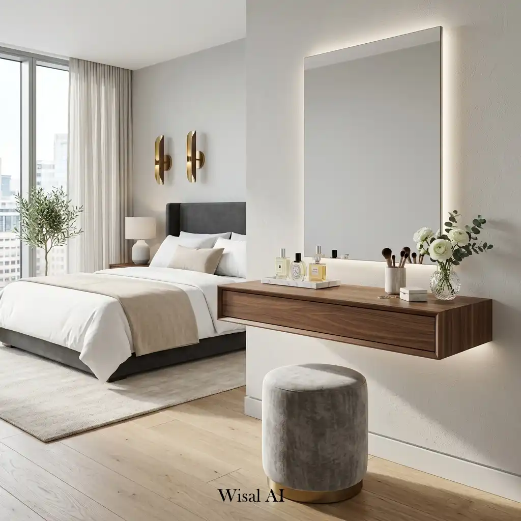 Elegant contemporary bedroom with a floating vanity and custom mirror