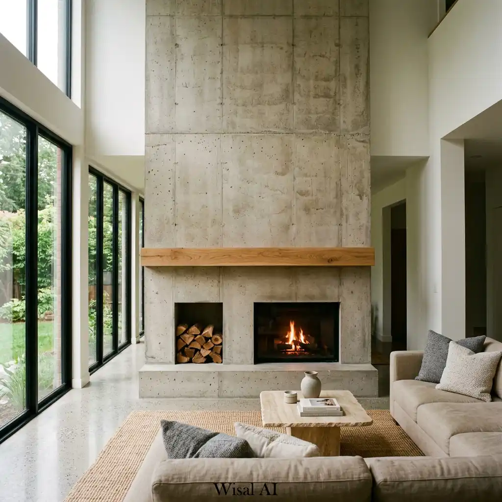 Contemporary concrete fireplace with clean architectural lines and minimalist décor