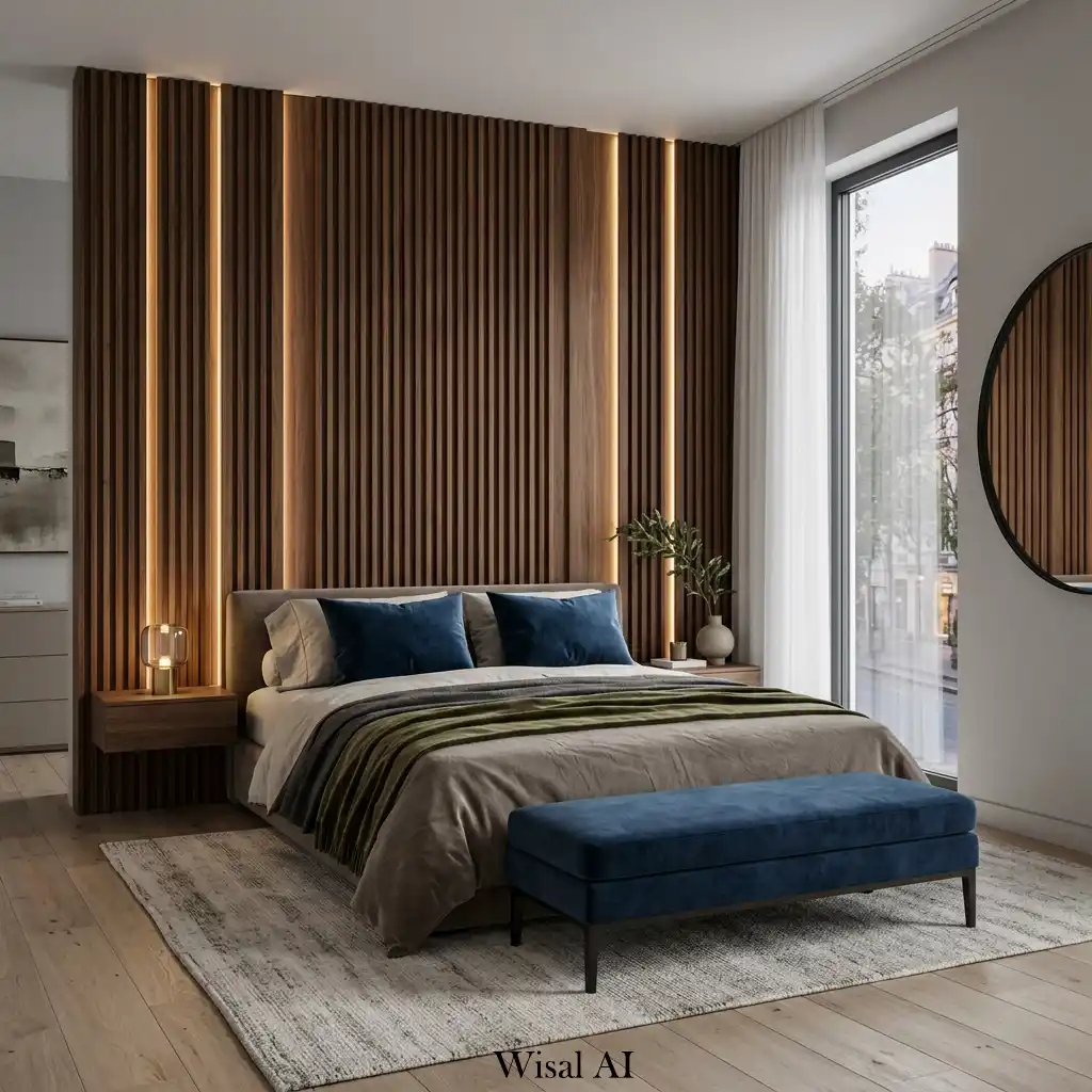 Contemporary European bedroom with walnut fluted wall panels