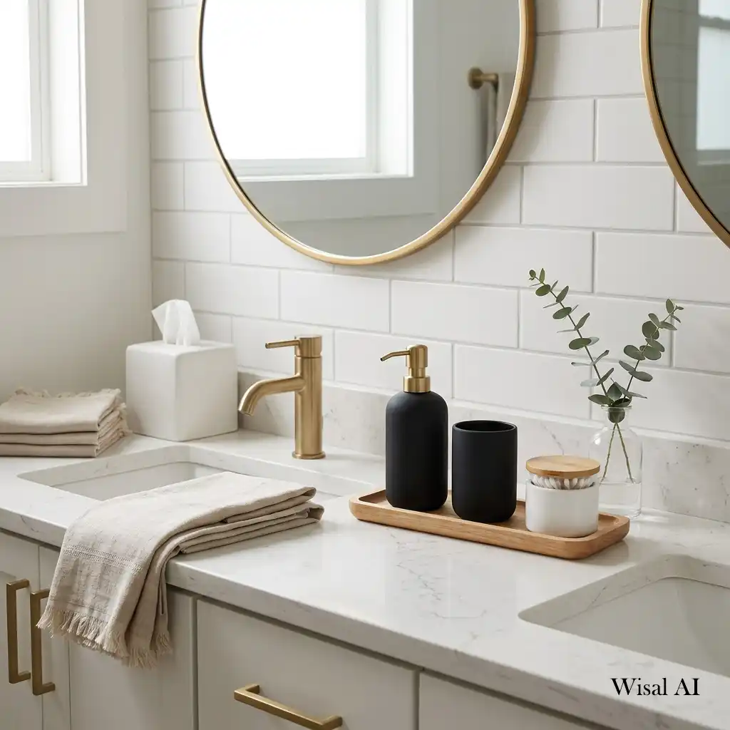 Luxury bathroom countertop with coordinated neutral accessories creating a cohesive modern design.