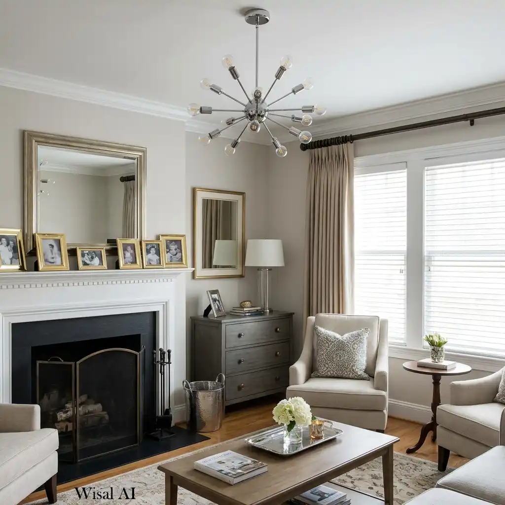 Living room with coordinated brass finishes and modern accessories.