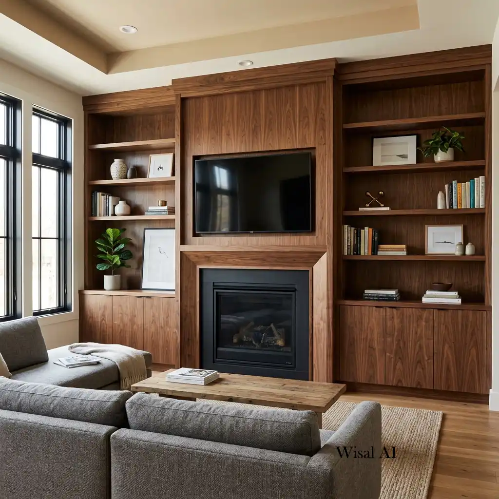 Contemporary living room with custom walnut built-in cabinets.