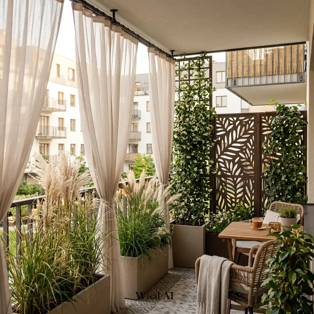 Private balcony with decorative screens, tall plants, and an open relaxing atmosphere.
