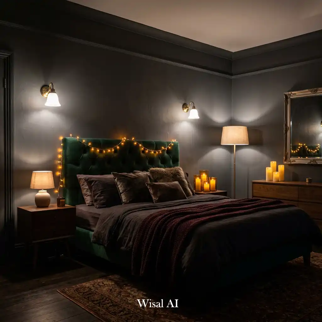 Halloween bedroom featuring layered ambient lighting and soft shadows.
