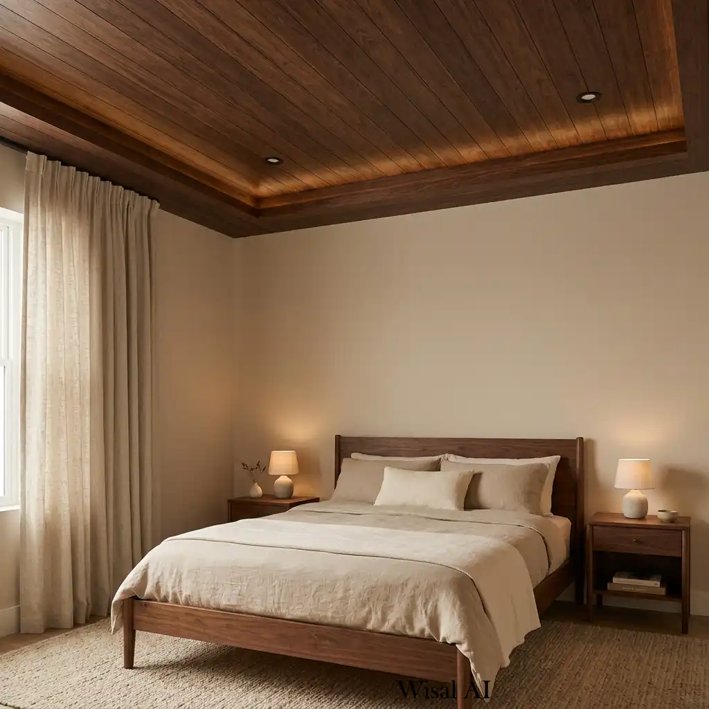 Dark wood bedroom featuring a statement wood ceiling with recessed lighting.