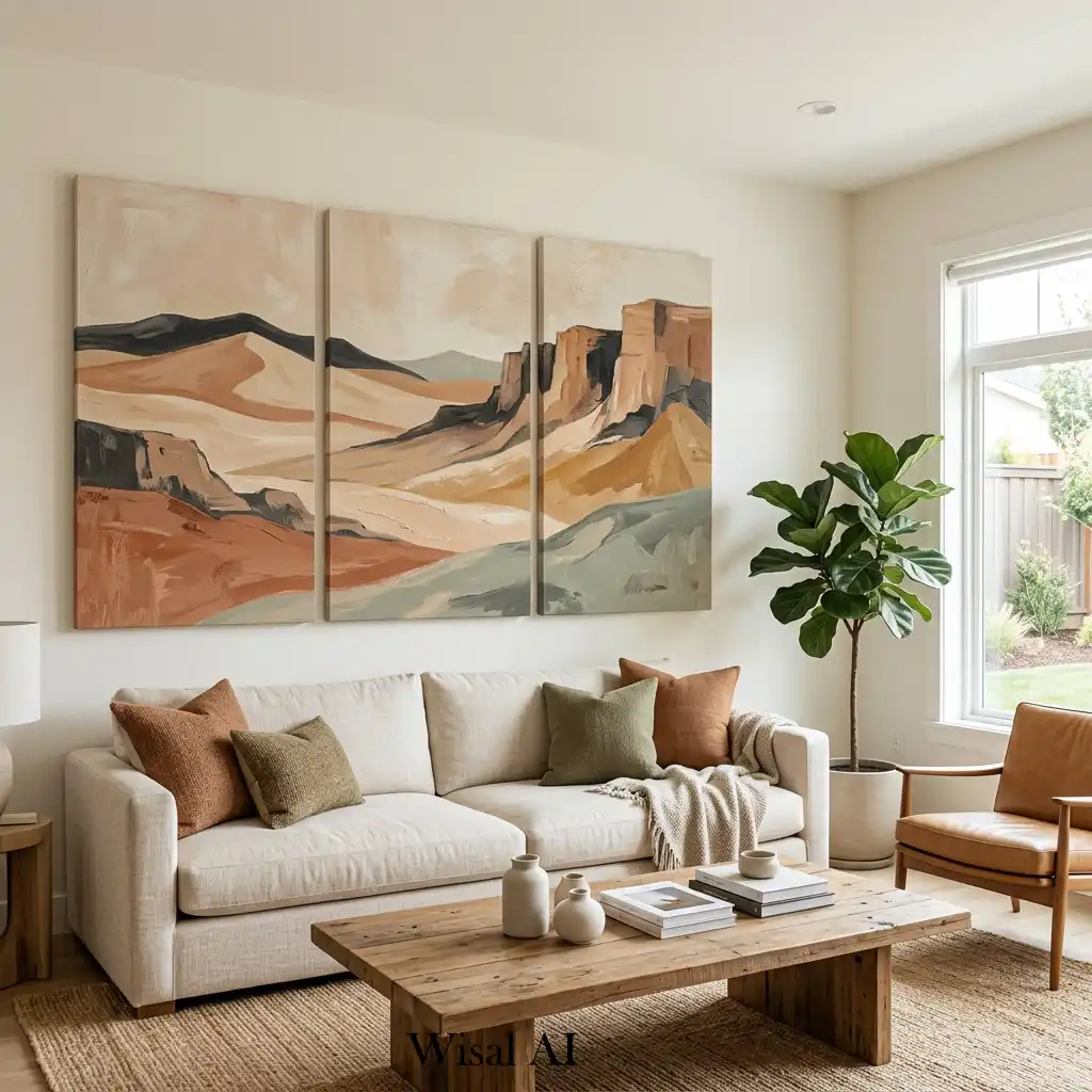 Desert landscape artwork above minimalist bedroom furniture