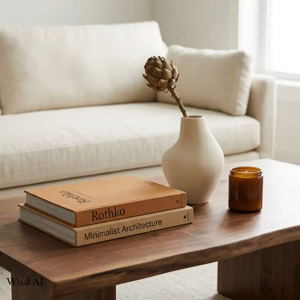 Designer living room with curated décor and caramel styling.