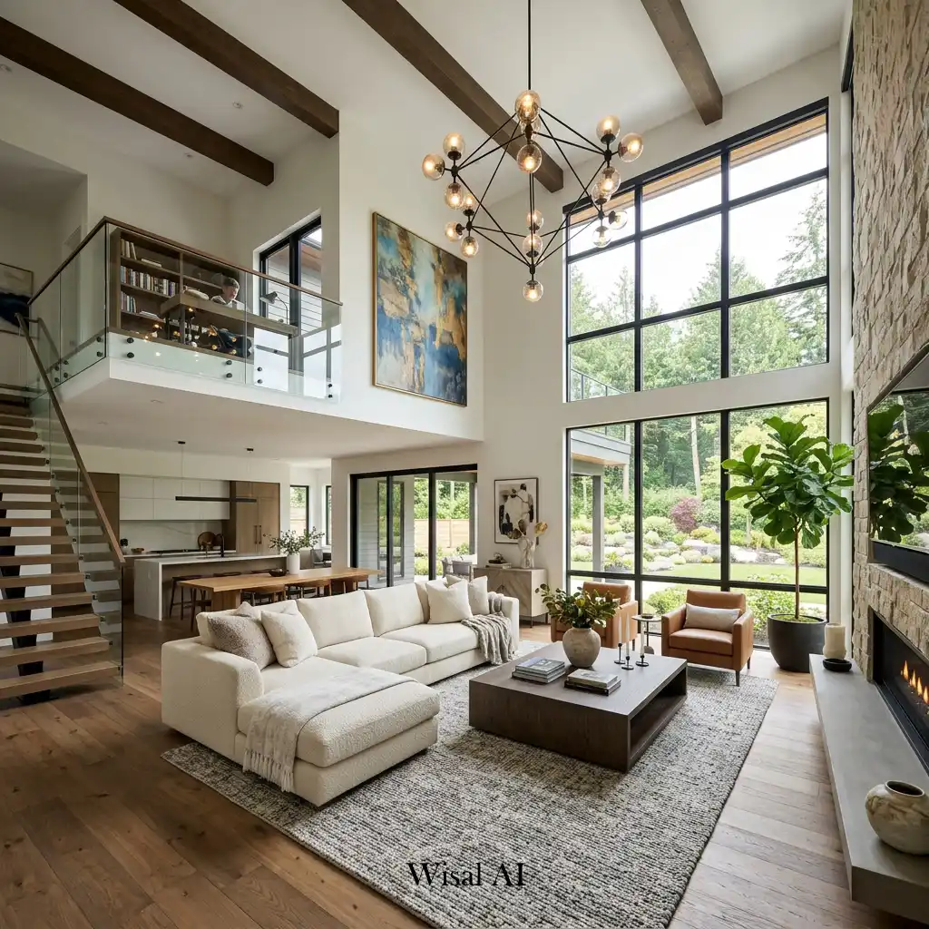 Luxury double-height living room with dramatic ceiling and natural light