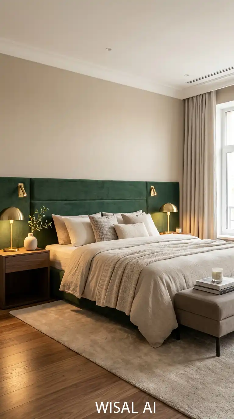 12. Elegant Beige Bedroom with Green Velvet Headboard