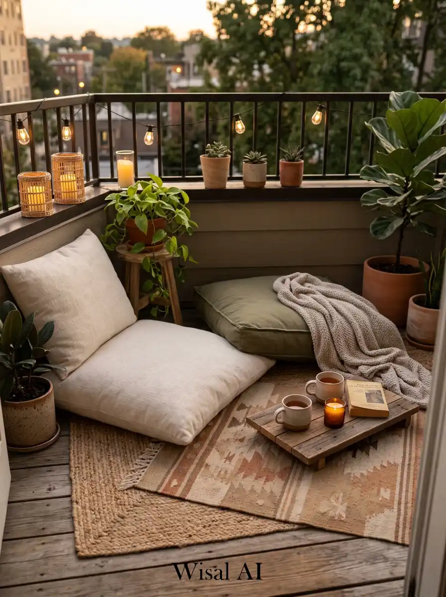 Relaxing balcony with floor cushions, layered rugs, and warm organic styling.