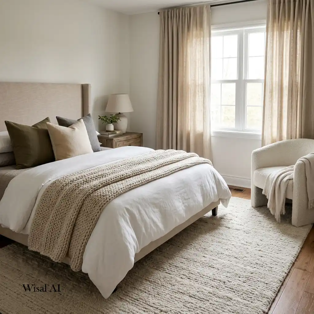 Cozy bedroom featuring layered textiles and soft natural textures.