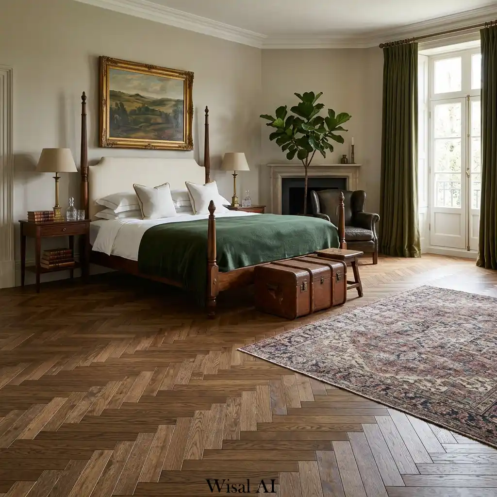 Herringbone wood flooring in timeless luxury bedroom