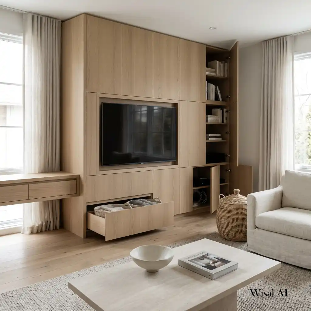 Built-in storage cabinets creating a clean and clutter-free luxury living room.