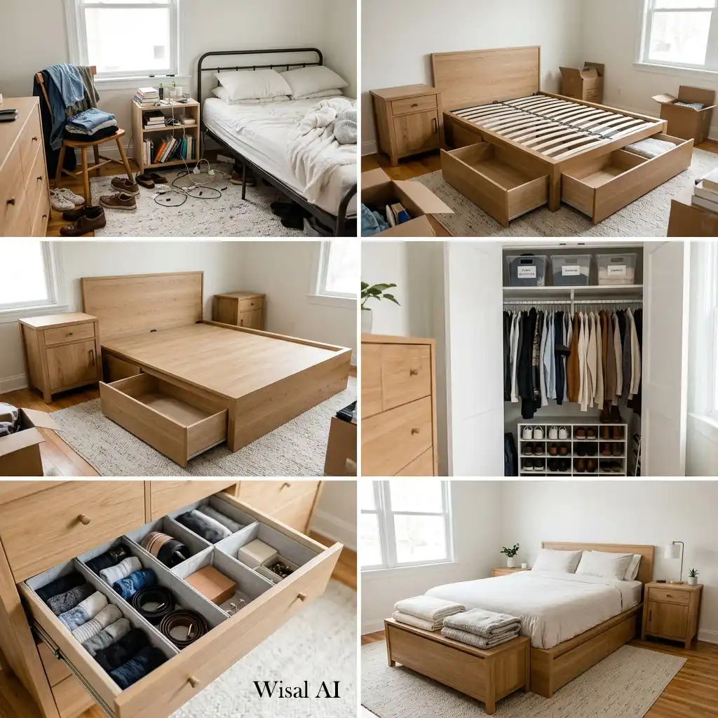 Organized bedroom with smart hidden storage keeping the space tidy and stress-free.