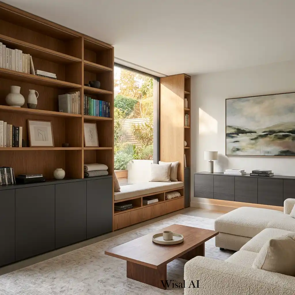 Hidden built-in storage integrated into a modern living room.